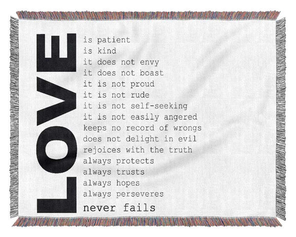 Love Quote Love Never Fails Woven Blanket