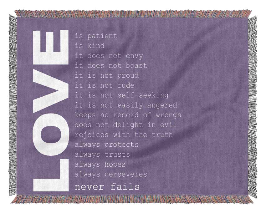 Love Quote Love Never Fails Lilac Woven Blanket