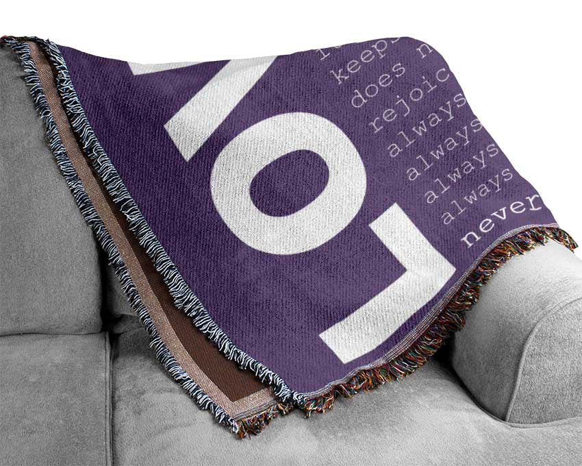 Love Quote Love Never Fails Lilac Woven Blanket