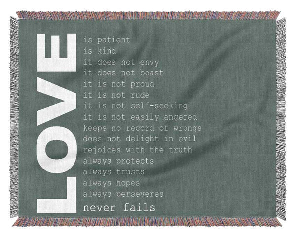 Love Quote Love Never Fails Grey Woven Blanket