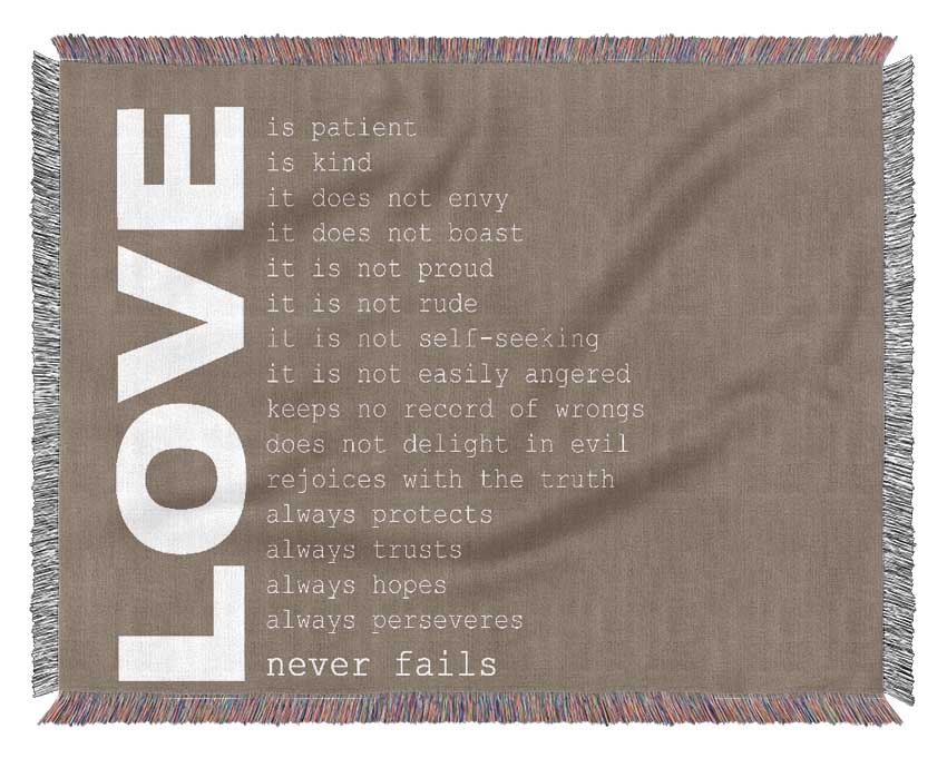 Love Quote Love Never Fails Beige Woven Blanket