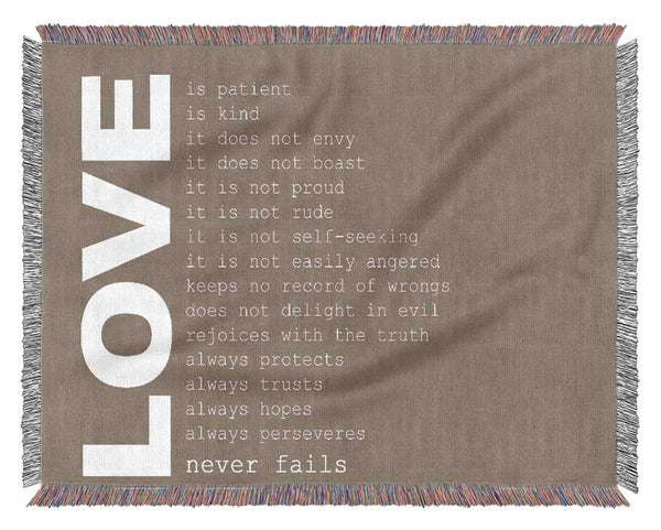 Love Quote Love Never Fails Beige Woven Blanket