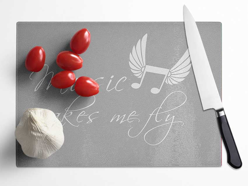 Boys room Quote Music Makes Me Fly Grey White Glass Chopping Board