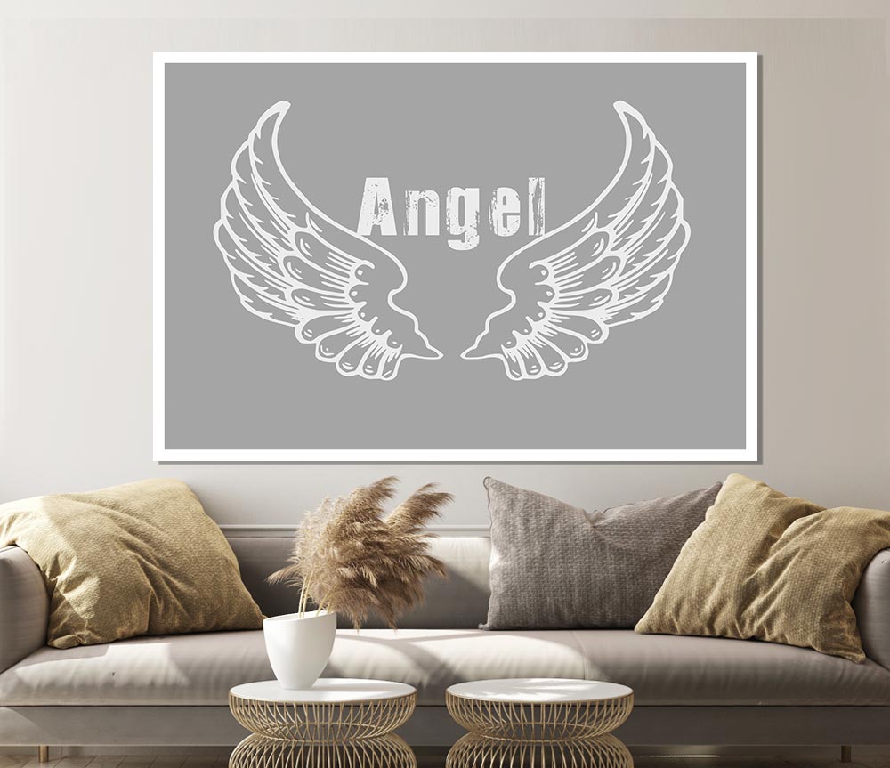 Angel Wings 2 Grey White Print Poster Wall Art