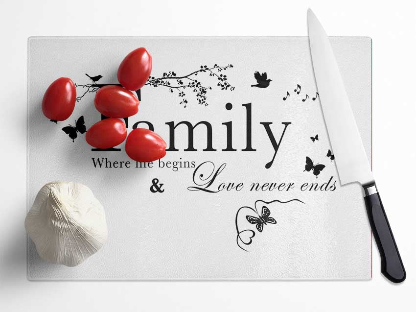 Family Quote Family Where Life Begins White Glass Chopping Board