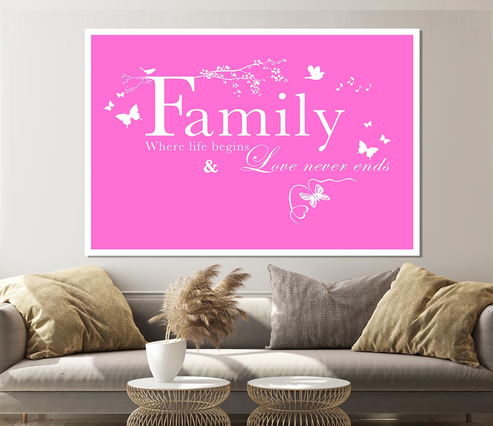 Family Quote Family Where Life Begins Vivid Pink Print Poster Wall Art