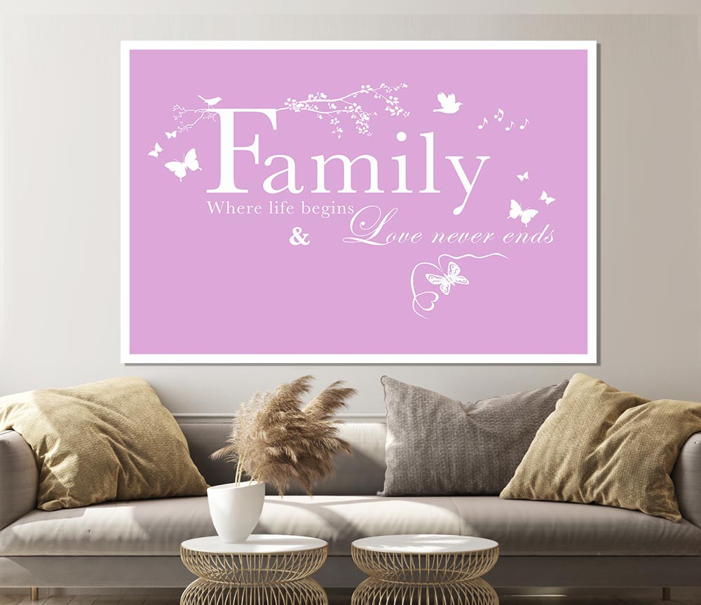 Family Quote Family Where Life Begins Pink Print Poster Wall Art