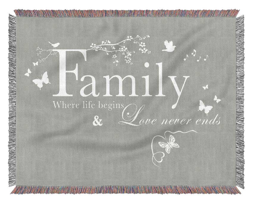 Family Quote Family Where Life Begins Grey White Woven Blanket