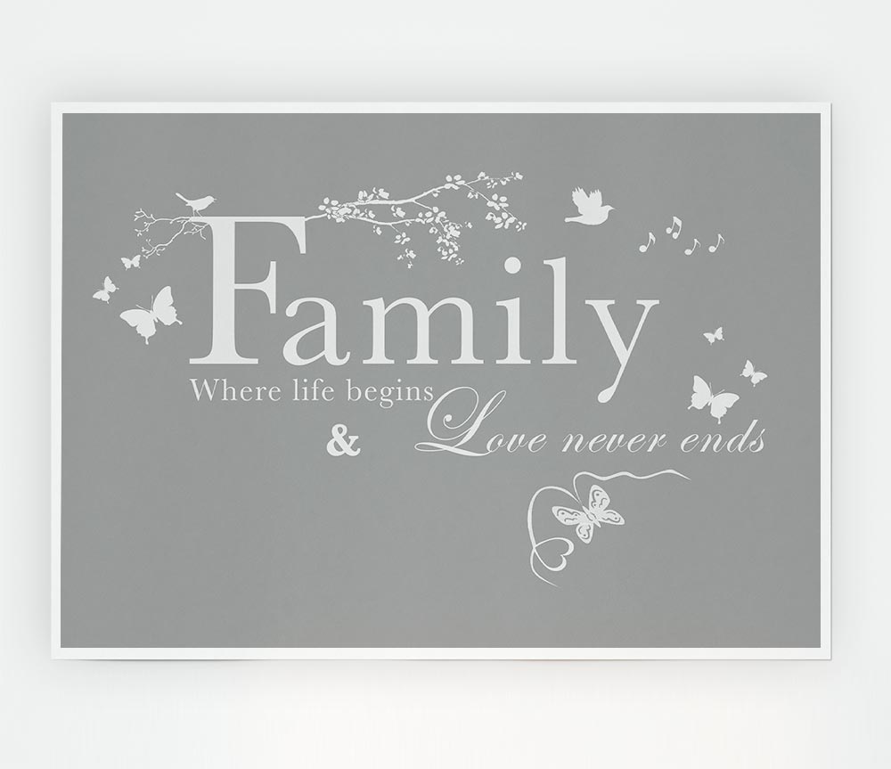 Family Quote Family Where Life Begins Grey White Print Poster Wall Art