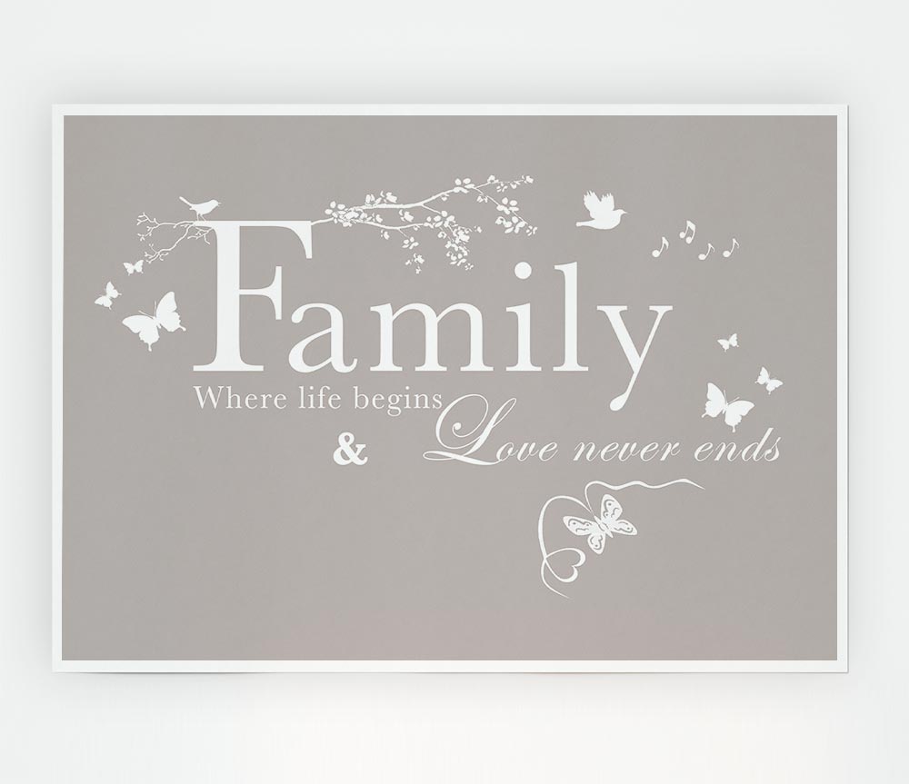 Family Quote Family Where Life Begins Beige Print Poster Wall Art