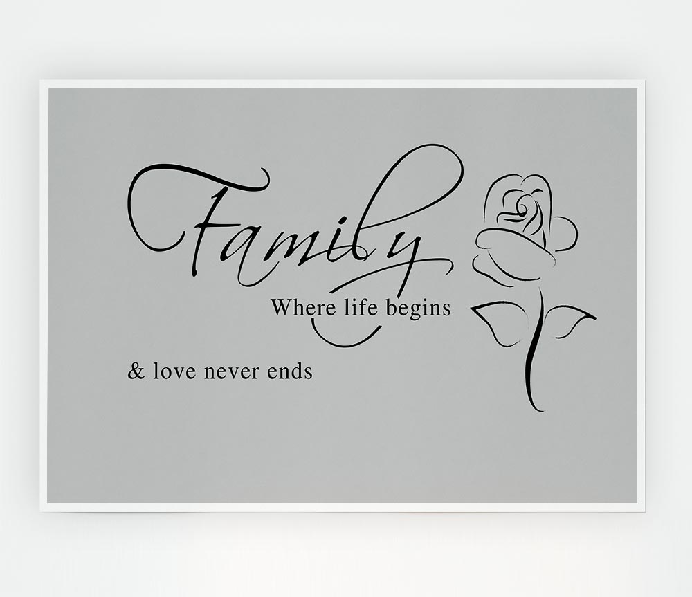 Family Quote Family Where Life Begins 1 Grey Print Poster Wall Art