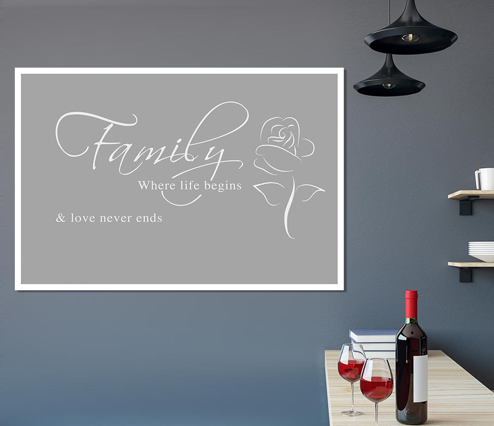 Family Quote Family Where Life Begins 1 Grey White Print Poster Wall Art