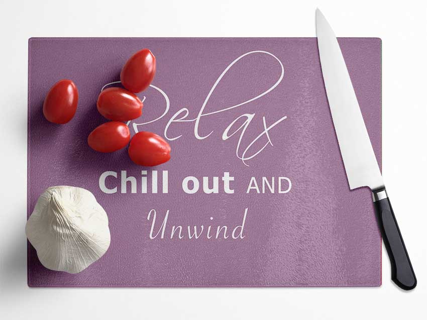 Bathroom Quote Relax Chill Out Dusty Pink Glass Chopping Board