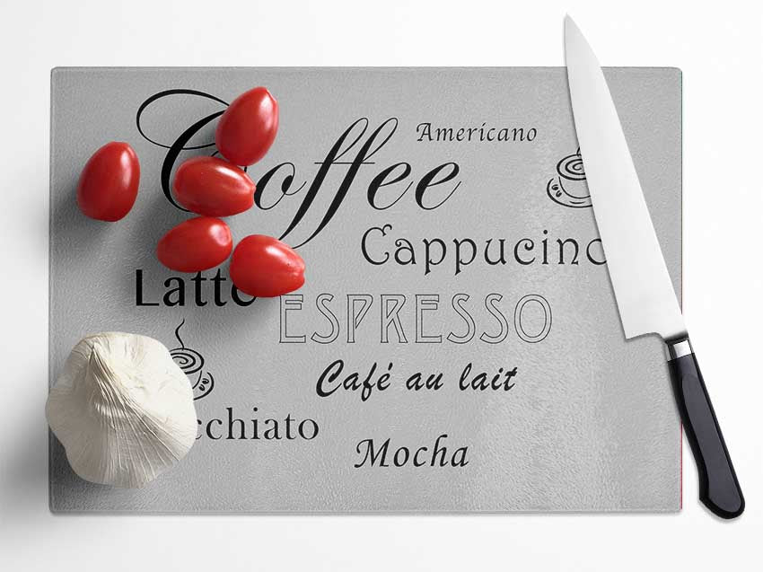 Kitchen Quote Coffee Delight Grey Glass Chopping Board