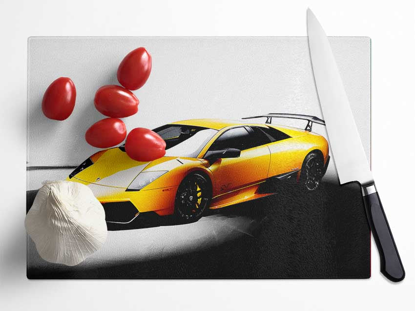 Lamborghini Side Profile Yellow Glass Chopping Board