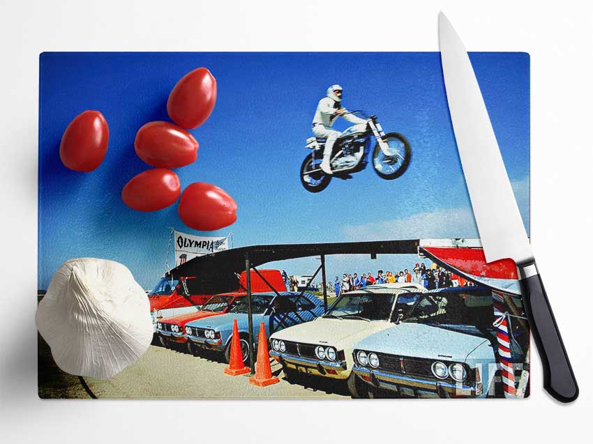 Evel Knievel Car Jump Glass Chopping Board