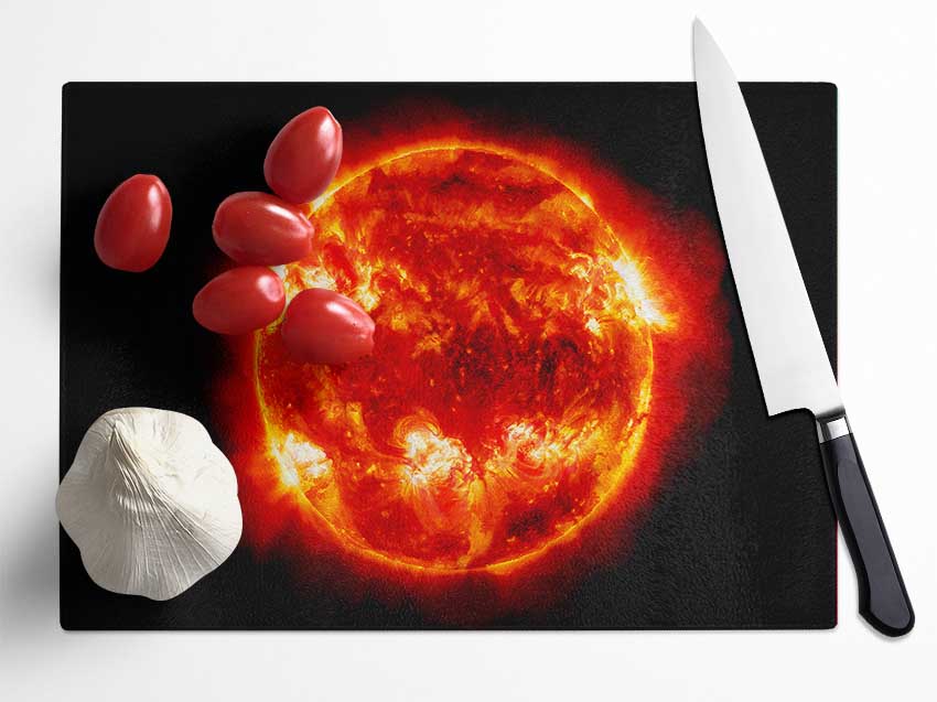 Red Sun Fire Glow Glass Chopping Board