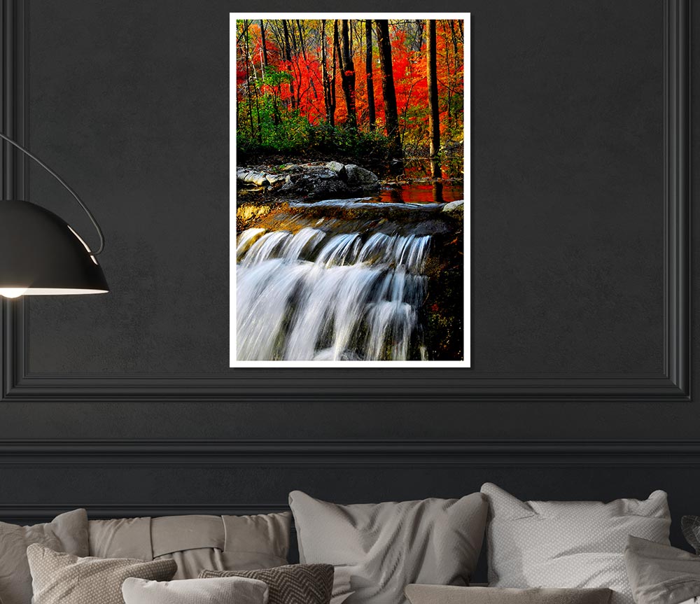 Autumn Waterfall Forest Print Poster Wall Art