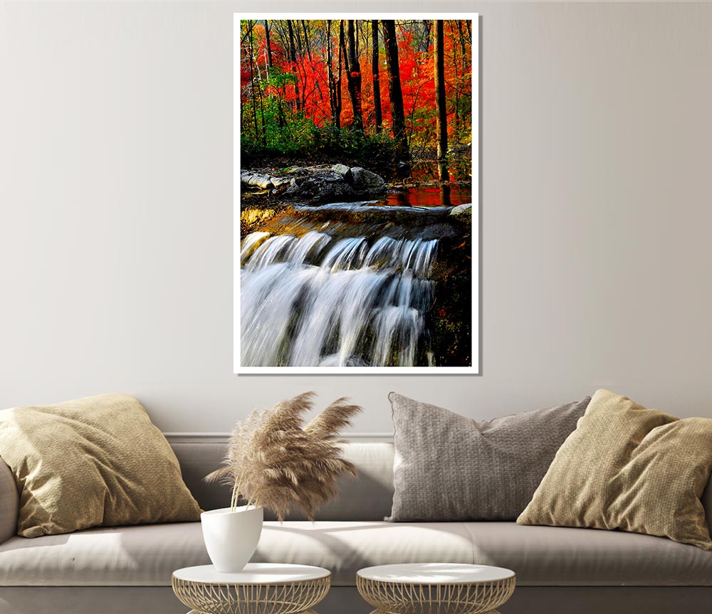 Autumn Waterfall Forest Print Poster Wall Art