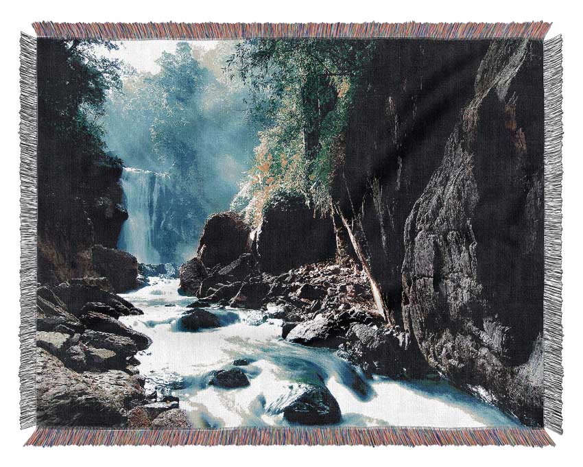 Sunbeams Over The Mountain Waterfall Woven Blanket