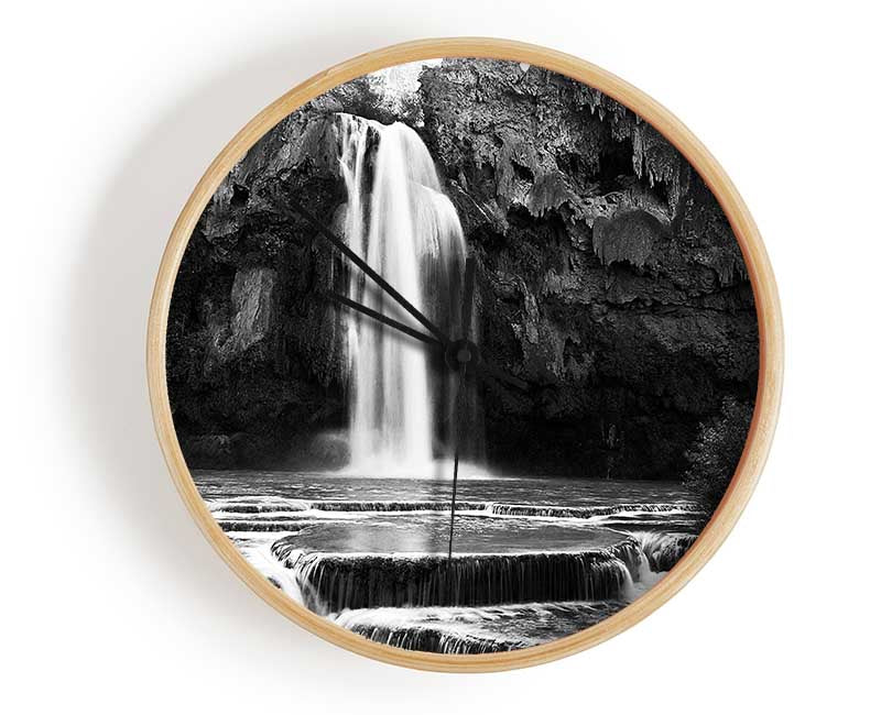 Hidden Woodland Waterfall Rocks B n W Clock - Wallart-Direct UK