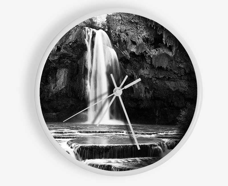 Hidden Woodland Waterfall Rocks B n W Clock - Wallart-Direct UK