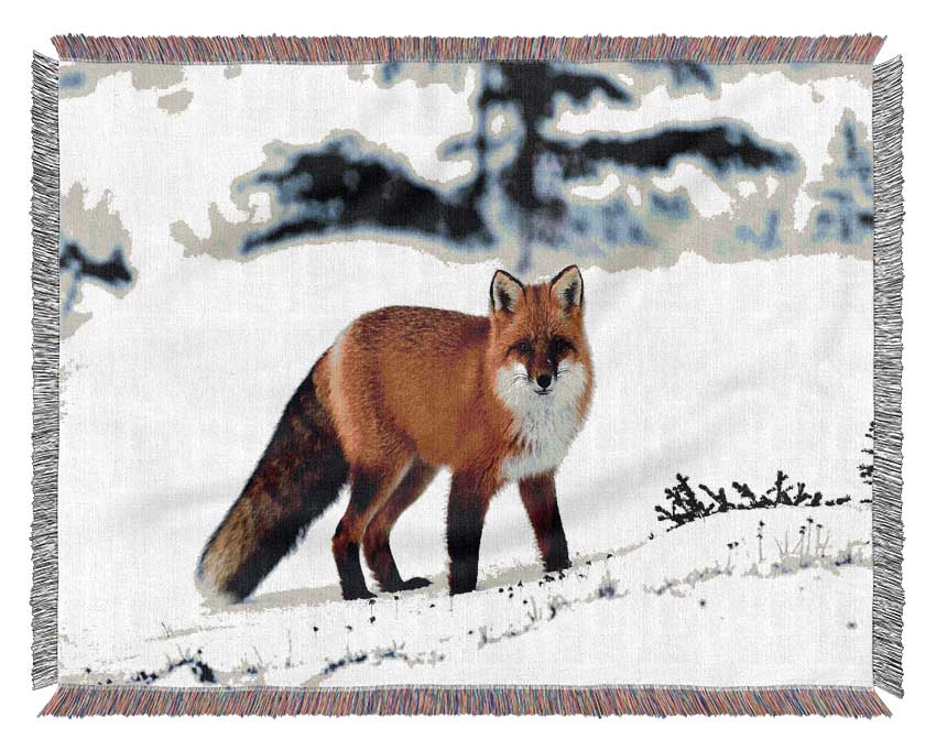 Arctic Fox In Snow Woven Blanket