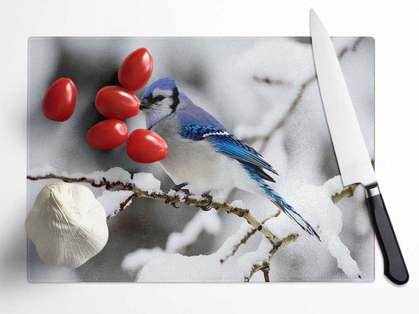 Blue Tit Winter Glass Chopping Board