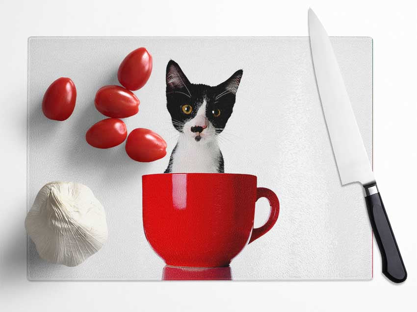 Cat In A Tea Cup Glass Chopping Board