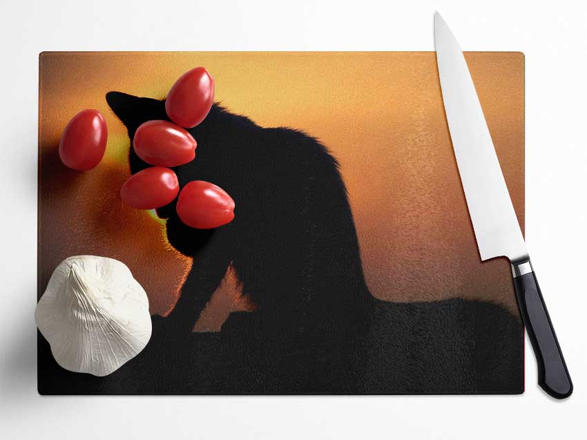 Cat In The Sunset Glass Chopping Board