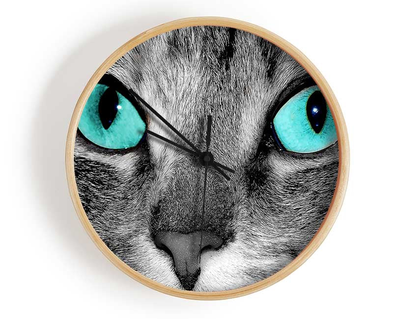 Close Up Of A Grey Tabby Cat Face Clock - Wallart-Direct UK