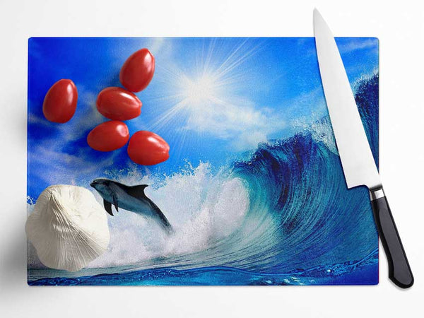 Dolphin Jumping In The Sea Glass Chopping Board