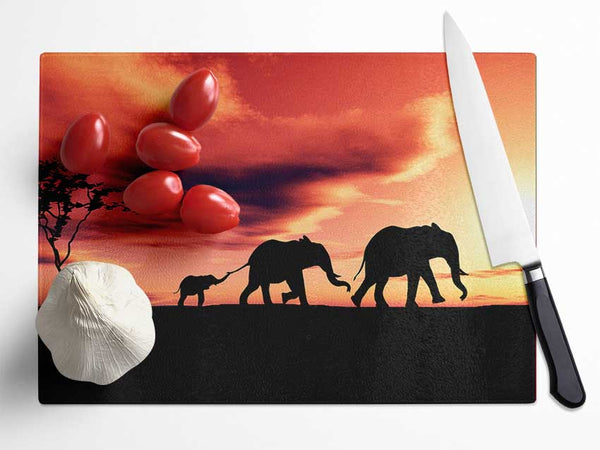 Elephant Family Sunset Glass Chopping Board