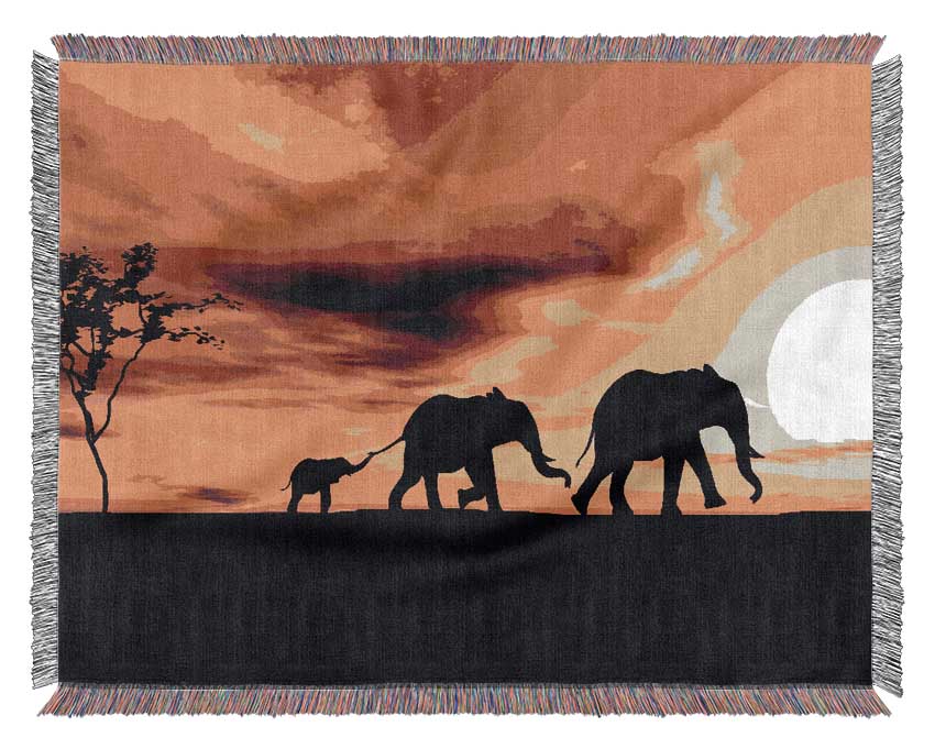 Elephant Family Sunset Woven Blanket