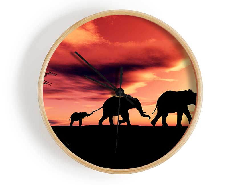 Elephant Family Sunset Clock - Wallart-Direct UK