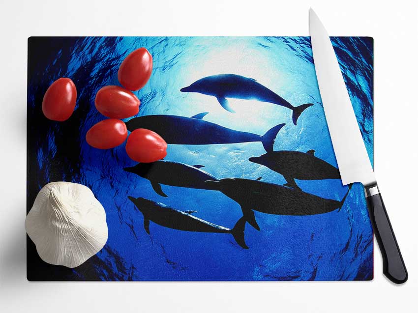 Family Of Dolphins Glass Chopping Board