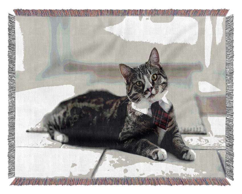 Funny Cat Wears Tie Woven Blanket