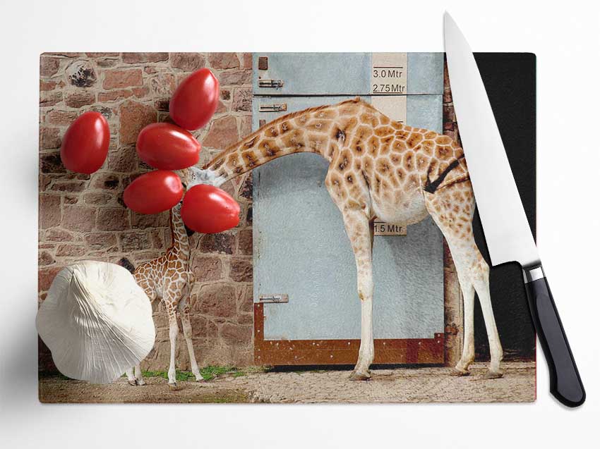 Giraffe Motherly Love Glass Chopping Board