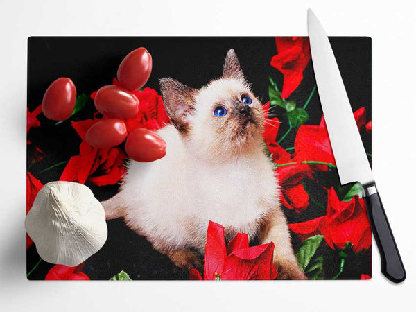 Kitten Roses Glass Chopping Board