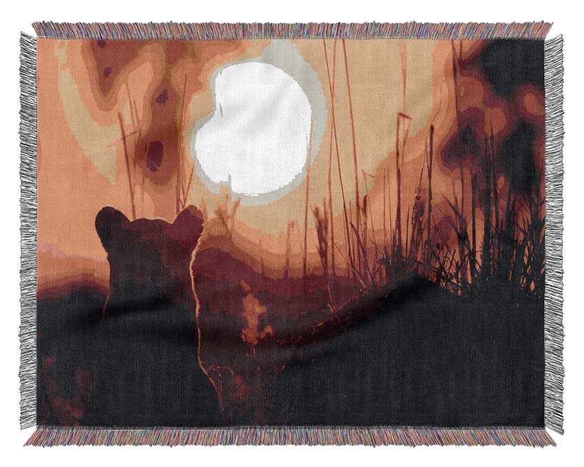 Lion Cub Watching The Sun Go Down Woven Blanket