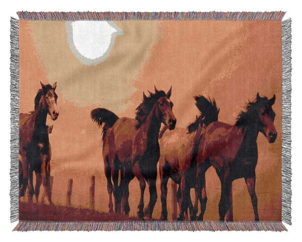 Running Horses At Sunset Woven Blanket