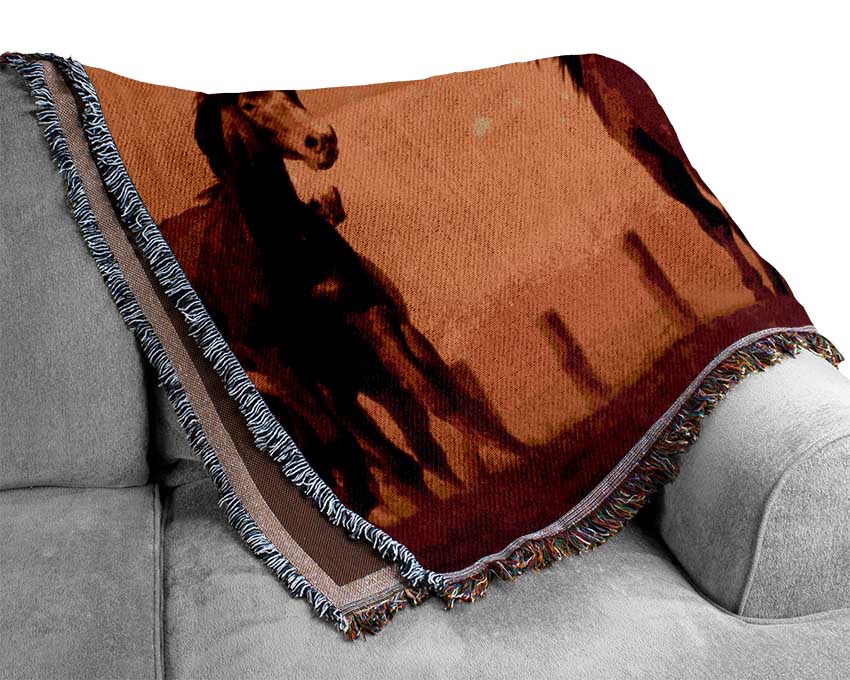 Running Horses At Sunset Woven Blanket