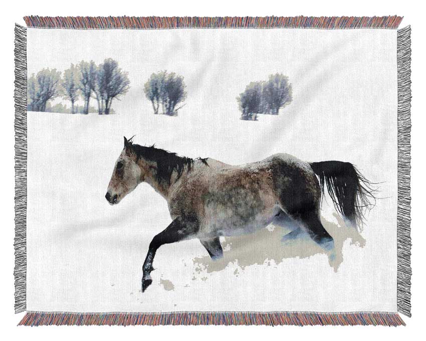 Stallion In The Snow Woven Blanket