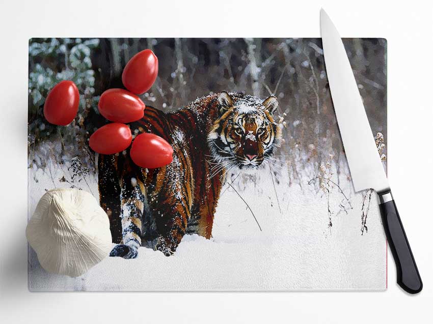 Tiger In The Snow Glass Chopping Board