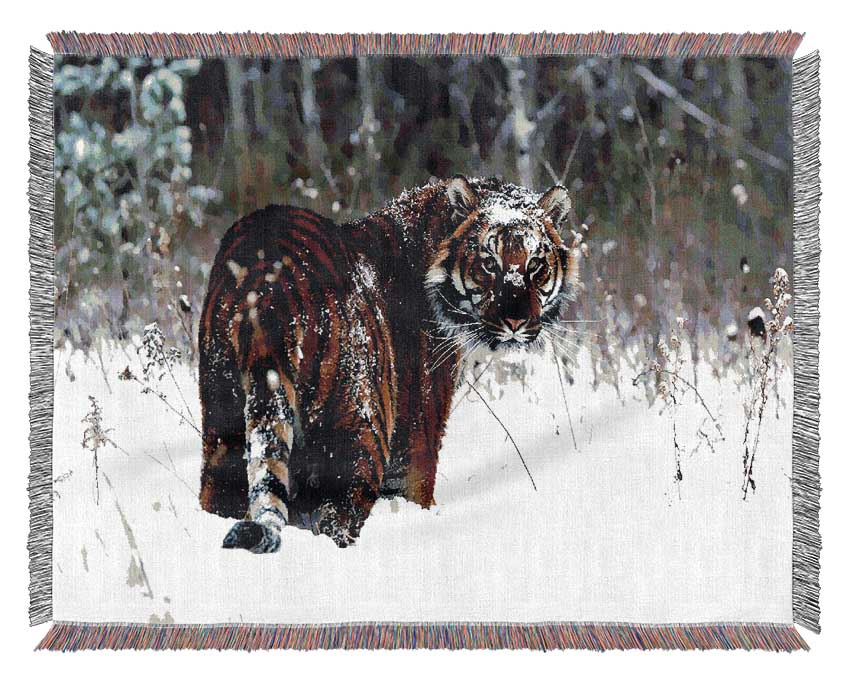 Tiger In The Snow Woven Blanket