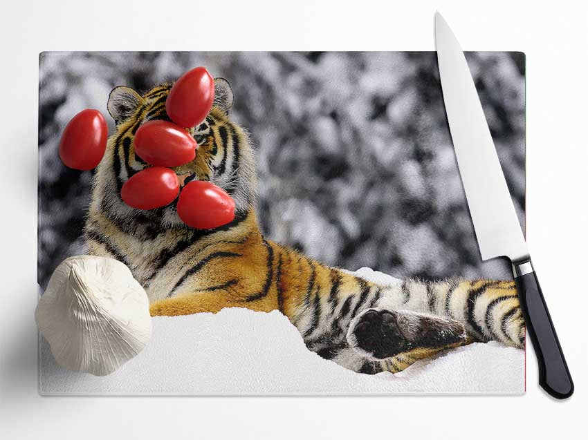 Tiger In Winter Glass Chopping Board