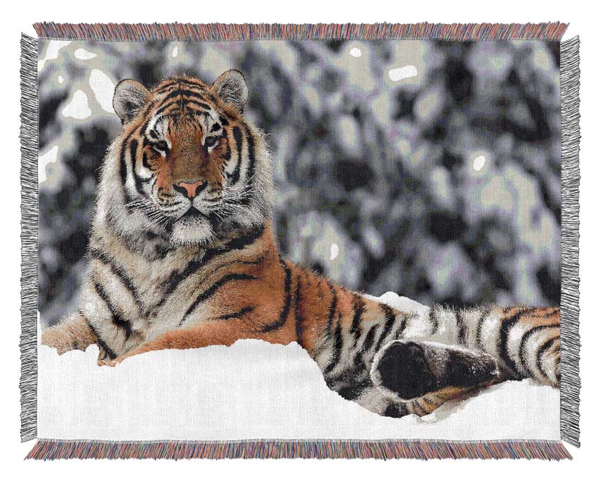 Tiger In Winter Woven Blanket