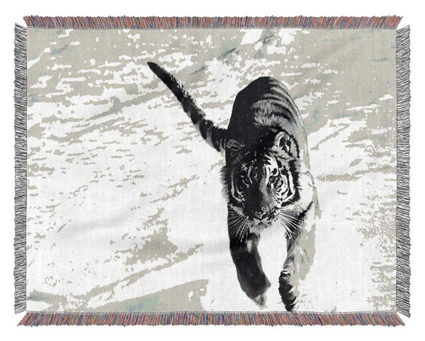 Tiger Running In Snow Woven Blanket