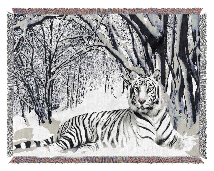 White Tiger In The Snow Woven Blanket