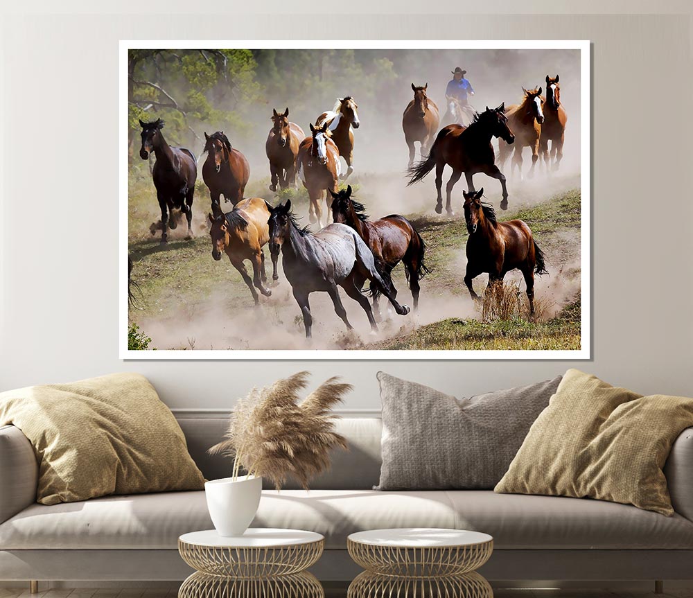 Wild Horse Stampede Print Poster Wall Art